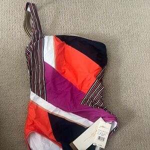 NWT! Gottex One-Piece Swimsuit Asymmetrical Colorblock Striped Strap Size 8
